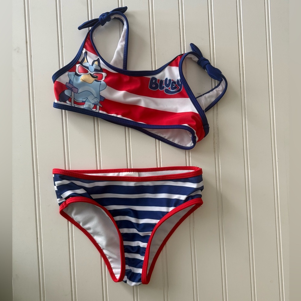 Girls' Red, White & Blue Stripe Bikini Set with Cartoon Graphic